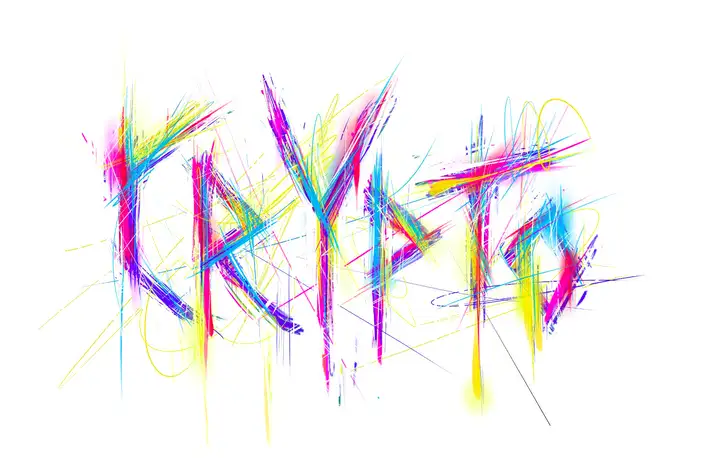A digital drawing of the word 'crypto' in all caps in angular, messy letters composed of vibrant multicolored lines.