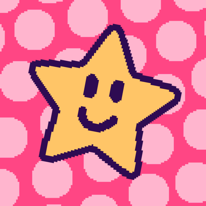A pixel art drawing of a smiley-faced cartoon star on a pink polka-dotted background.
