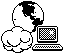 Pixel art drawing of a retro computer, a globe, and a cloud