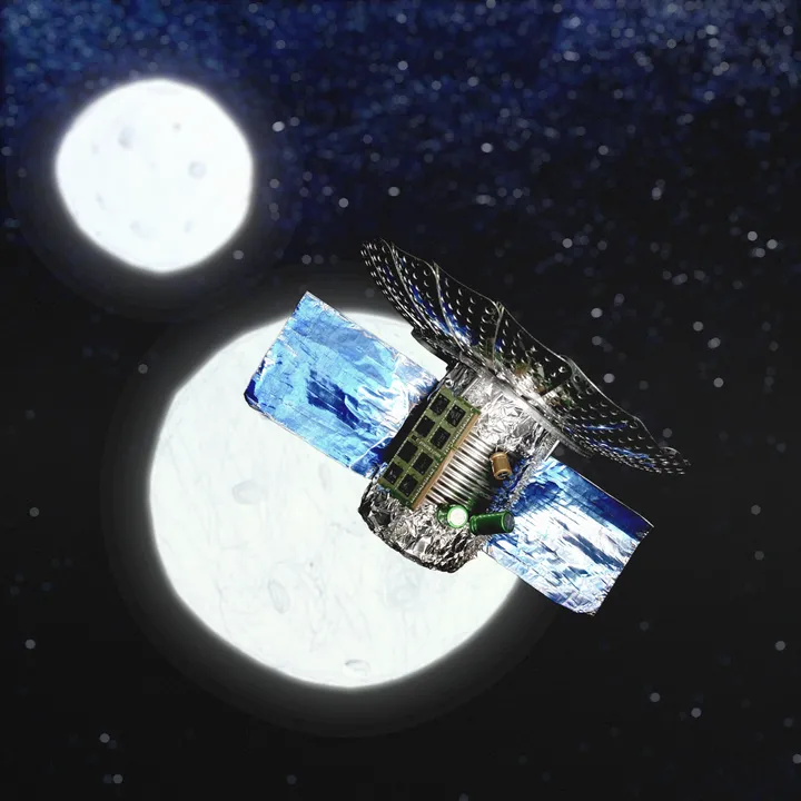 An artistic impression of two planets or moons in space, with an artificial satellite drifting in the foreground. The satellite is sculpted from a metal can, vegetable steamer, old electronics, and aluminum foil.